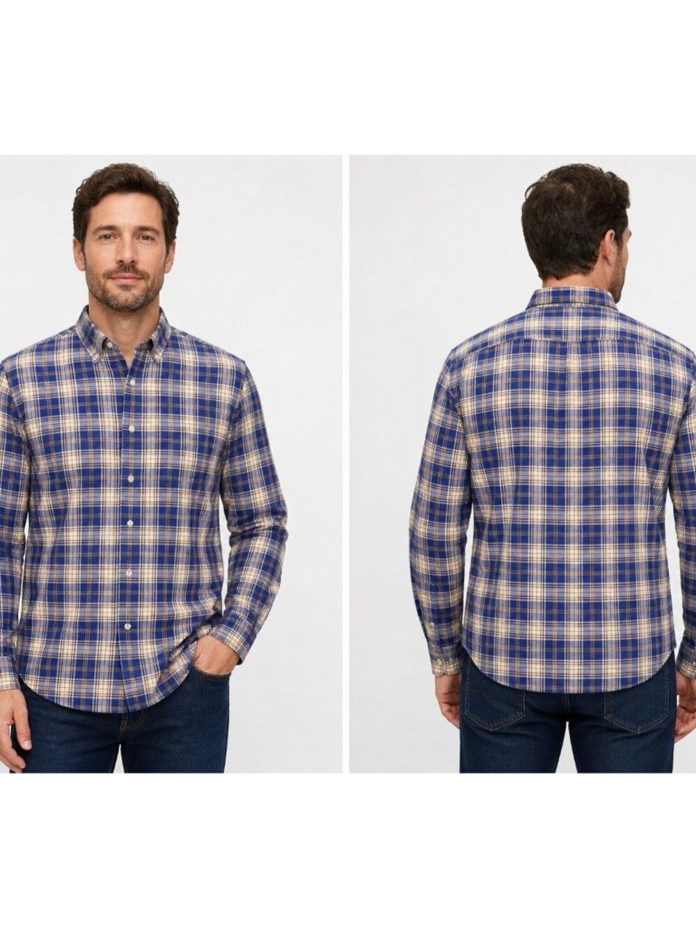 Banana Republic XL Slim Fit Plaid Shirt Blue Tan Untucked 17-17.5x36 NWT